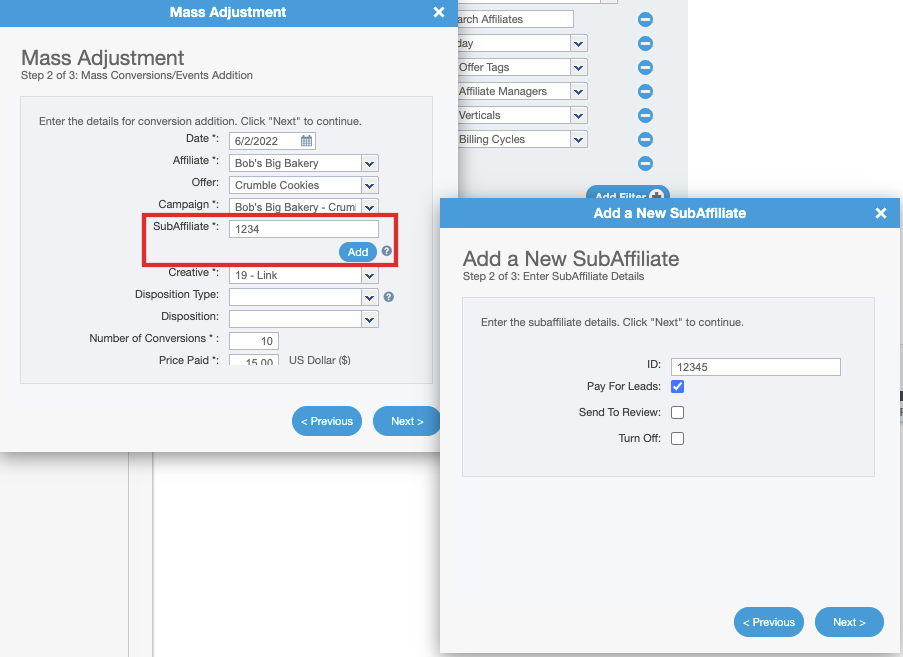 Mass Adjustment New SubAffiliate